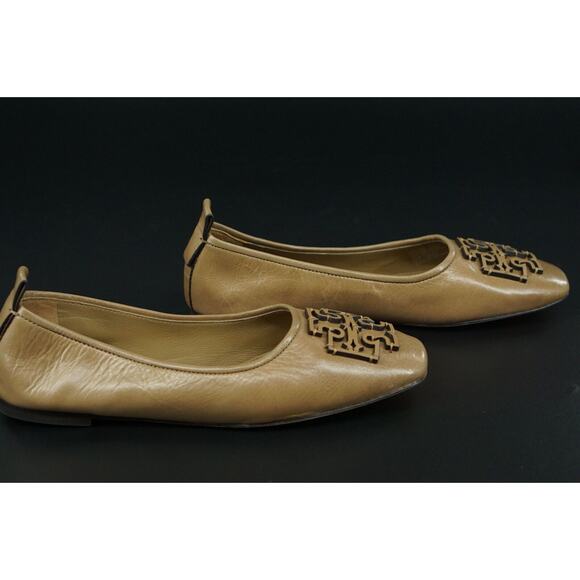 Tory Burch Ines Ballet Flat Leather Size 7.5 Square Toe Logo Tan Almond Rare - Picture 3 of 9